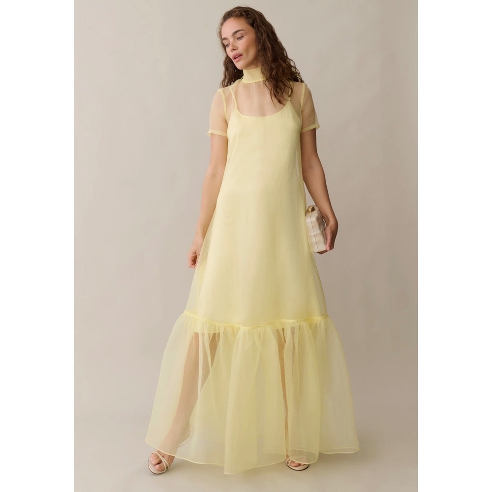 Few Moda CAARA Yellow Sheer Mesh Maxi Dress with Slip Set Size M NWT